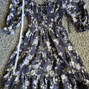 *NWT*Floral Tiered Midi Dress in Charcoal with Lilac Flowers